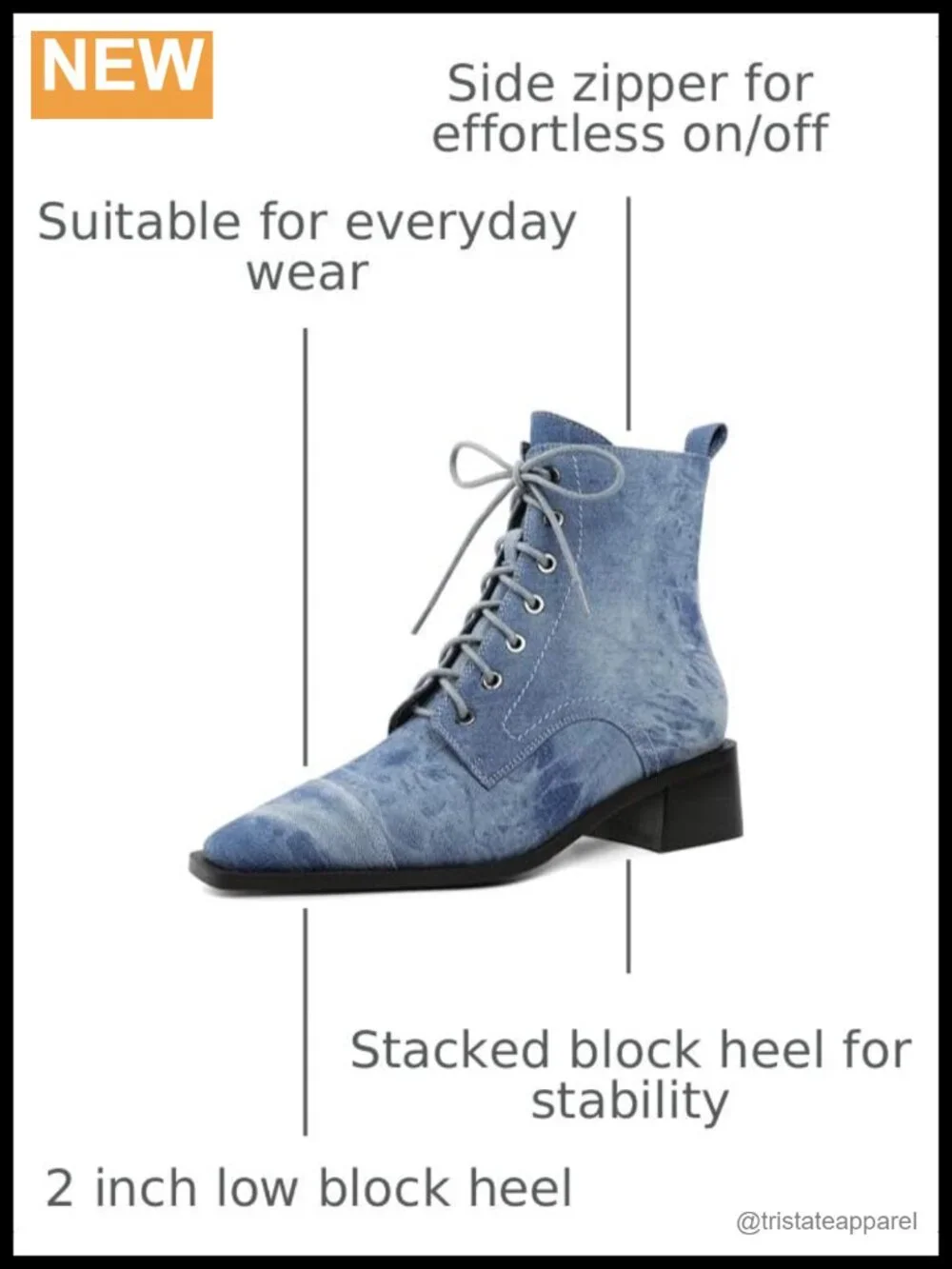Denim Ankle Boots Chunky Block Heel Square Toe Lace-Up Side Zipper